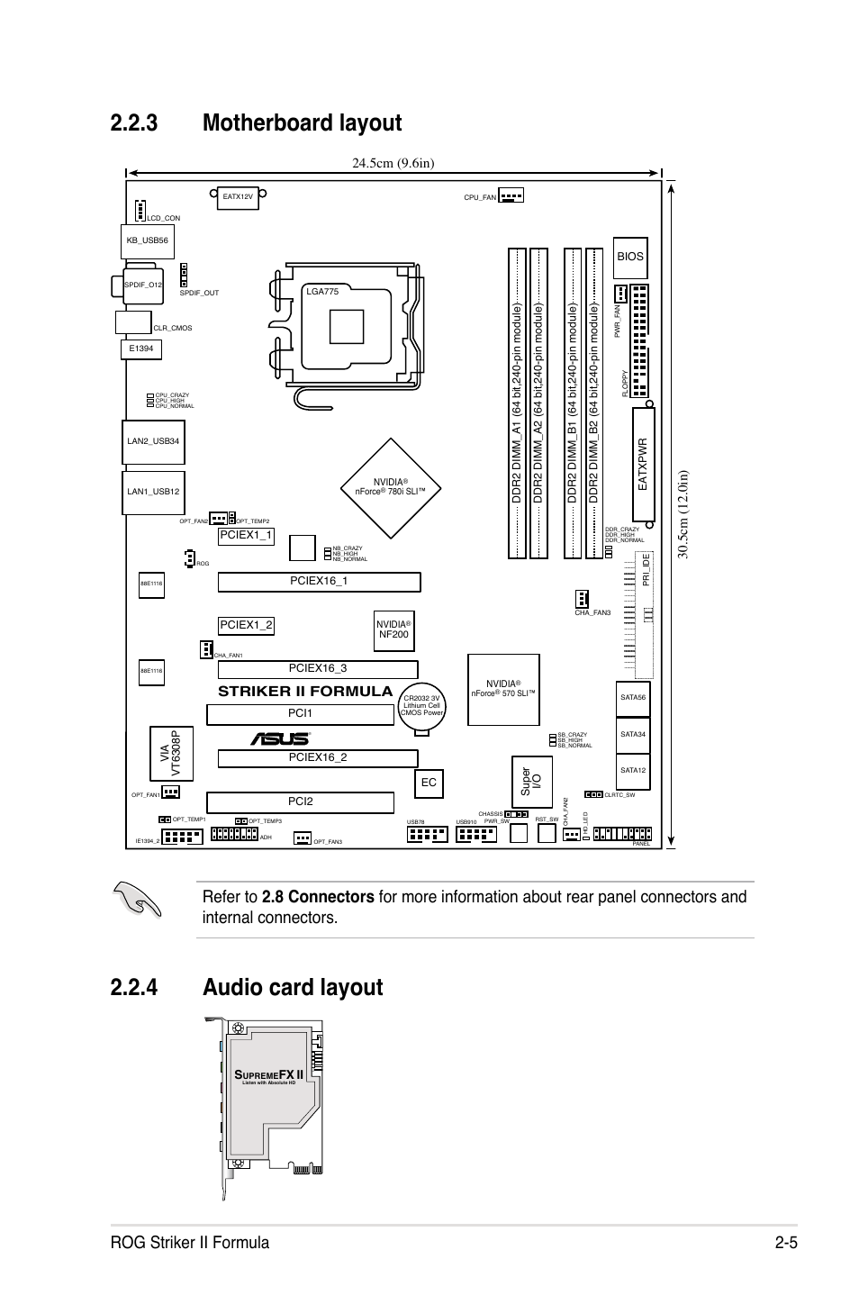 3 motherboard layout, 4 audio card layout, Motherboard layout -5 | Audio card layout -5, Rog striker ii formula 2-5, Striker ii formula | Asus Striker II Formula User Manual | Page 33 / 188