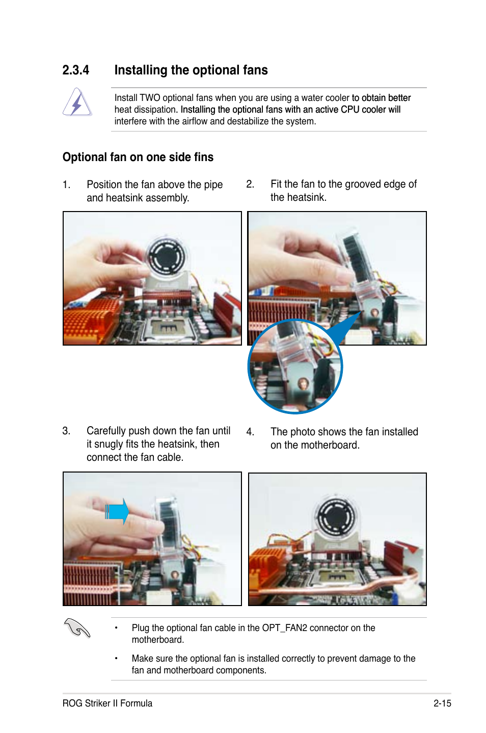 4 installing the optional fans, Installing the optional fans -15 | Asus Striker II Formula User Manual | Page 43 / 188