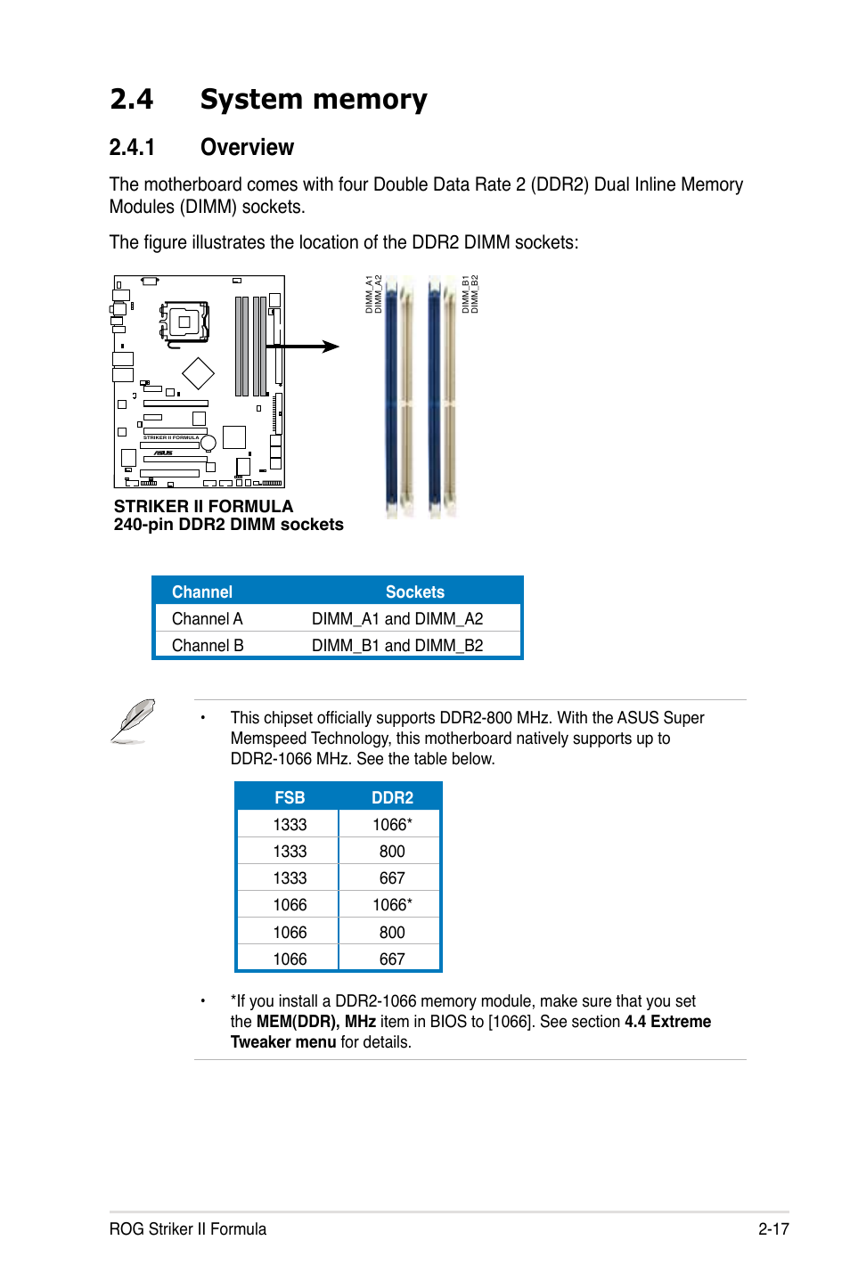 4 system memory, 1 overview, System memory -17 2.4.1 | Overview -17 | Asus Striker II Formula User Manual | Page 45 / 188