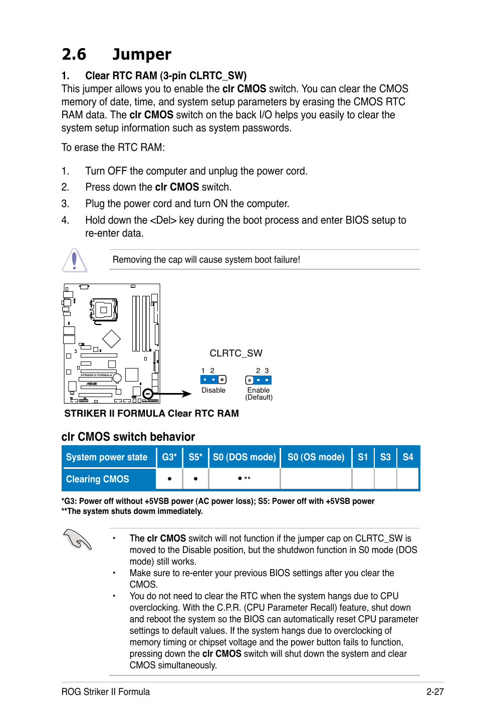 6 jumper, Jumper -27, Clr cmos switch behavior | Asus Striker II Formula User Manual | Page 55 / 188