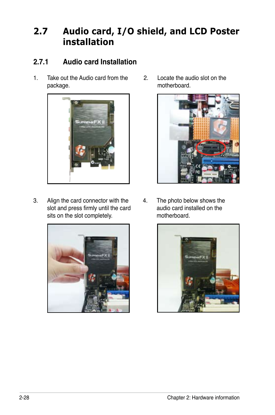 1 audio card installation, Audio card installation -28 | Asus Striker II Formula User Manual | Page 56 / 188