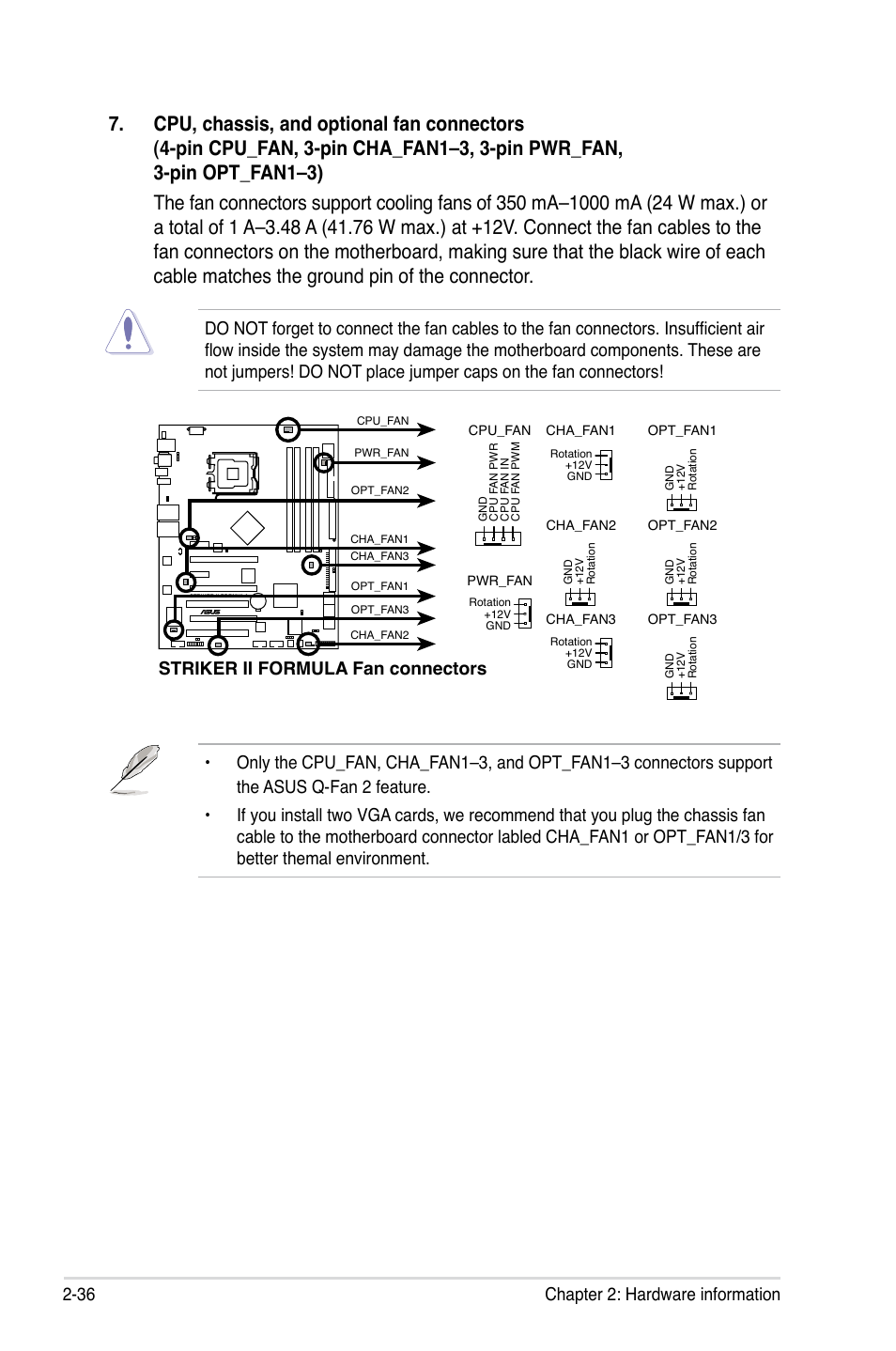 36 chapter 2: hardware information, Striker ii formula fan connectors | Asus Striker II Formula User Manual | Page 64 / 188