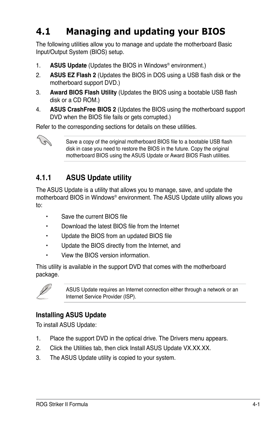 1 managing and updating your bios, 1 asus update utility, Managing and updating your bios -1 4.1.1 | Asus update utility -1 | Asus Striker II Formula User Manual | Page 77 / 188