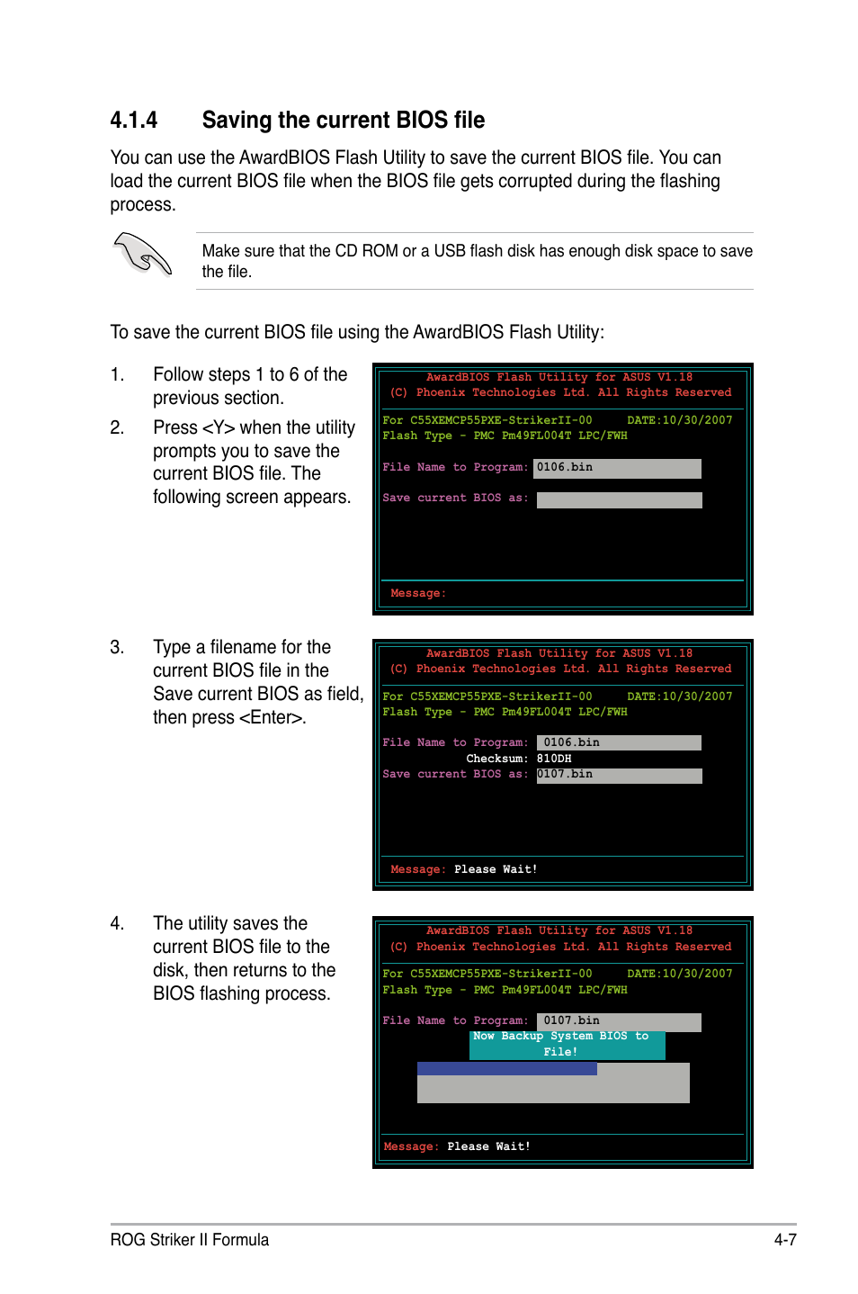 4 saving the current bios file, Saving the current bios file -7 | Asus Striker II Formula User Manual | Page 83 / 188