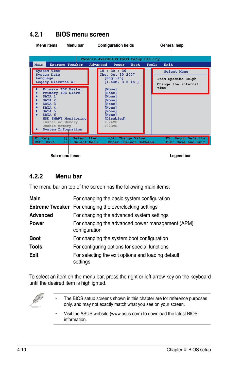 1 bios menu screen, 2 menu bar, Bios menu screen -10 | Menu bar -10 | Asus Striker II Formula User Manual | Page 86 / 188