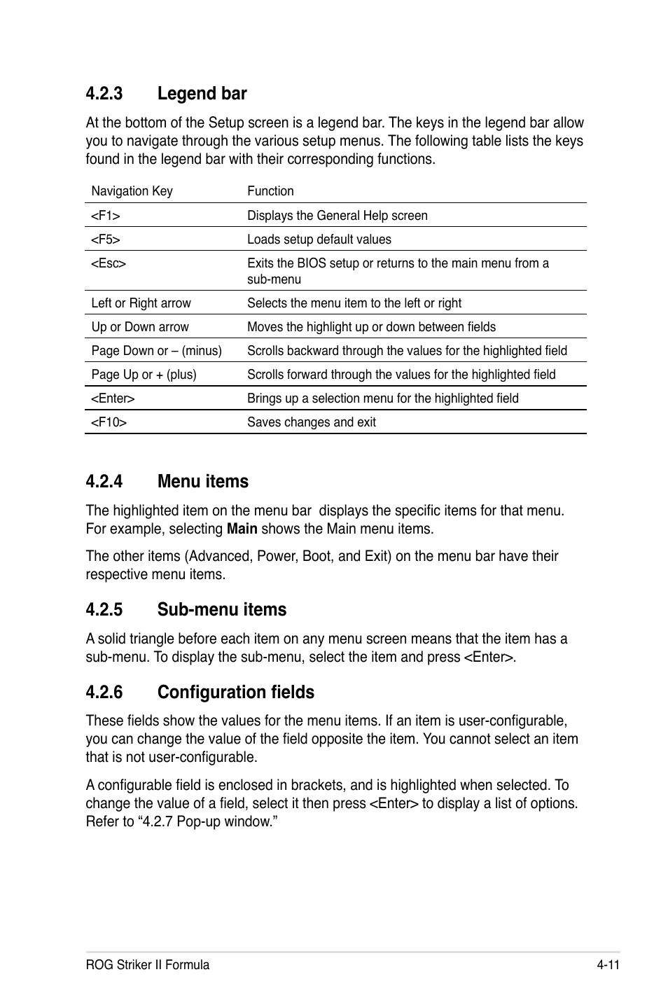 3 legend bar, 4 menu items, 5 sub-menu items | 6 configuration fields, Legend bar -11, Menu items -11, Sub-menu items -11, Configuration fields -11 | Asus Striker II Formula User Manual | Page 87 / 188