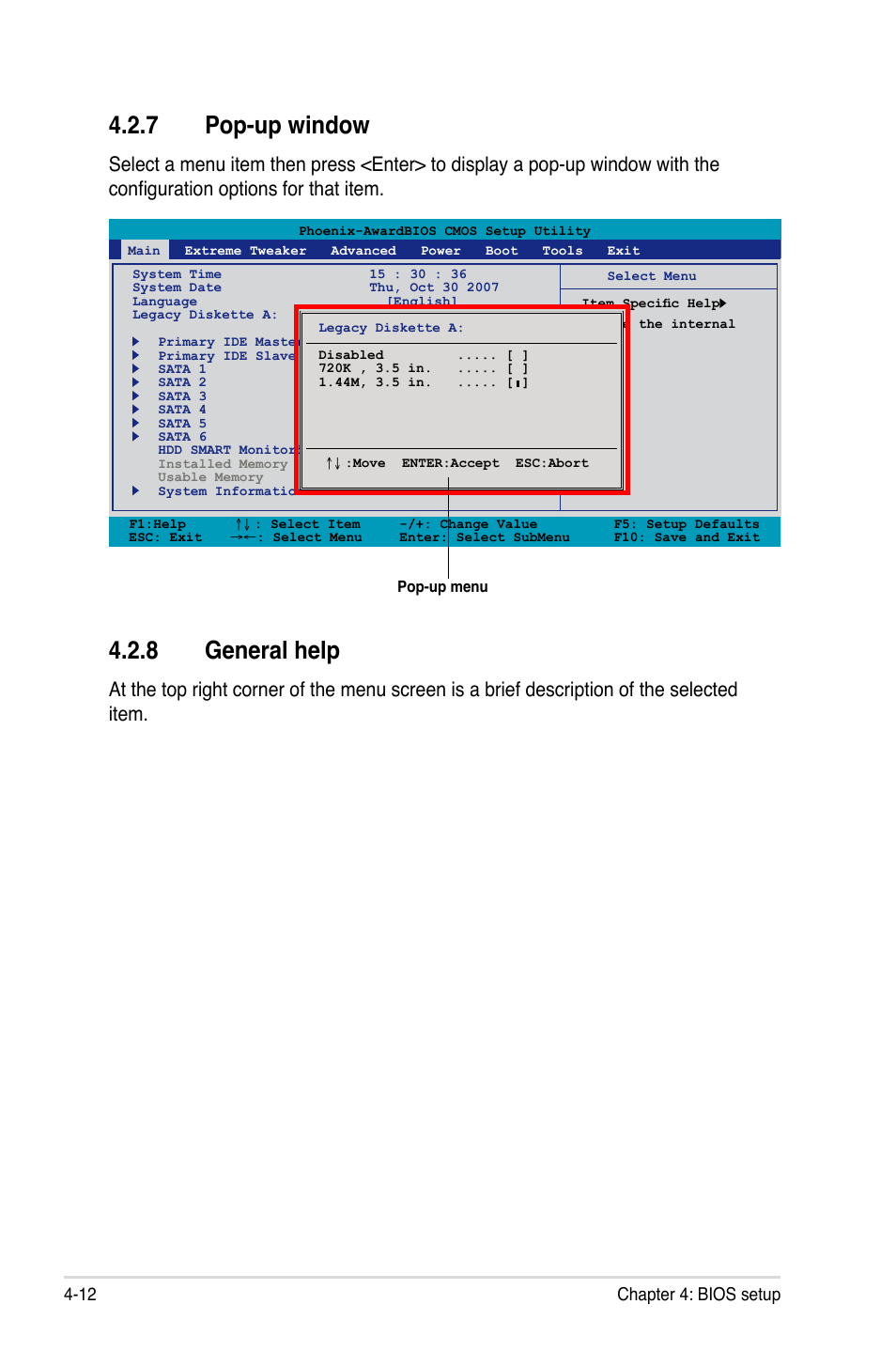 7 pop-up window, 8 general help, Pop-up window -12 | General help -12, 12 chapter 4: bios setup | Asus Striker II Formula User Manual | Page 88 / 188