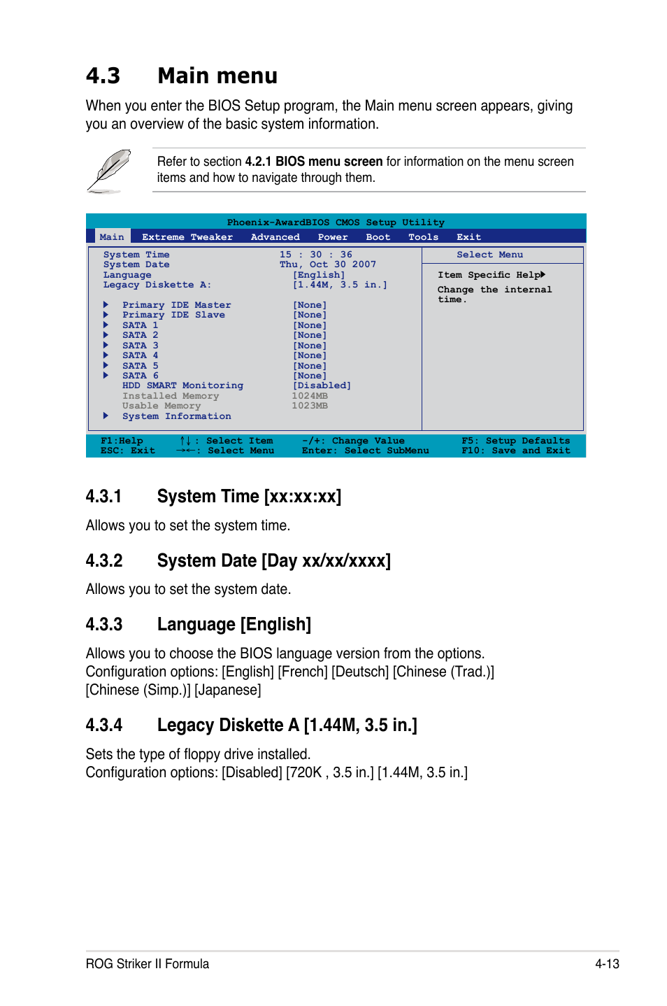 3 main menu, 1 system time [xx:xx:xx, 2 system date [day xx/xx/xxxx | 3 language [english, 4 legacy diskette a [1.44m, 3.5 in, Main menu -13, System time -13, System date -13, Language -13, Legacy diskette a -13 | Asus Striker II Formula User Manual | Page 89 / 188