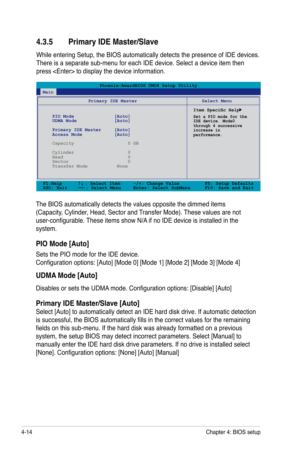 5 primary ide master/slave, Primary ide master/slave -14, Pio mode [auto | Udma mode [auto, Primary ide master/slave [auto | Asus Striker II Formula User Manual | Page 90 / 188