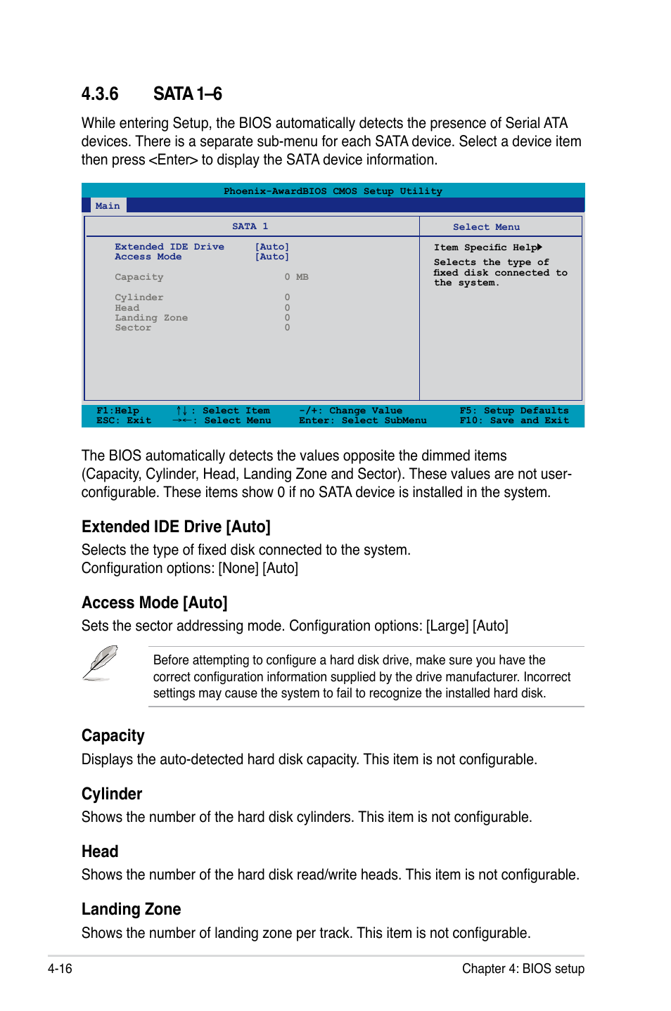 6 sata 1–6, Sata 1–6 -16, Extended ide drive [auto | Access mode [auto, Capacity, Cylinder, Head, Landing zone | Asus Striker II Formula User Manual | Page 92 / 188