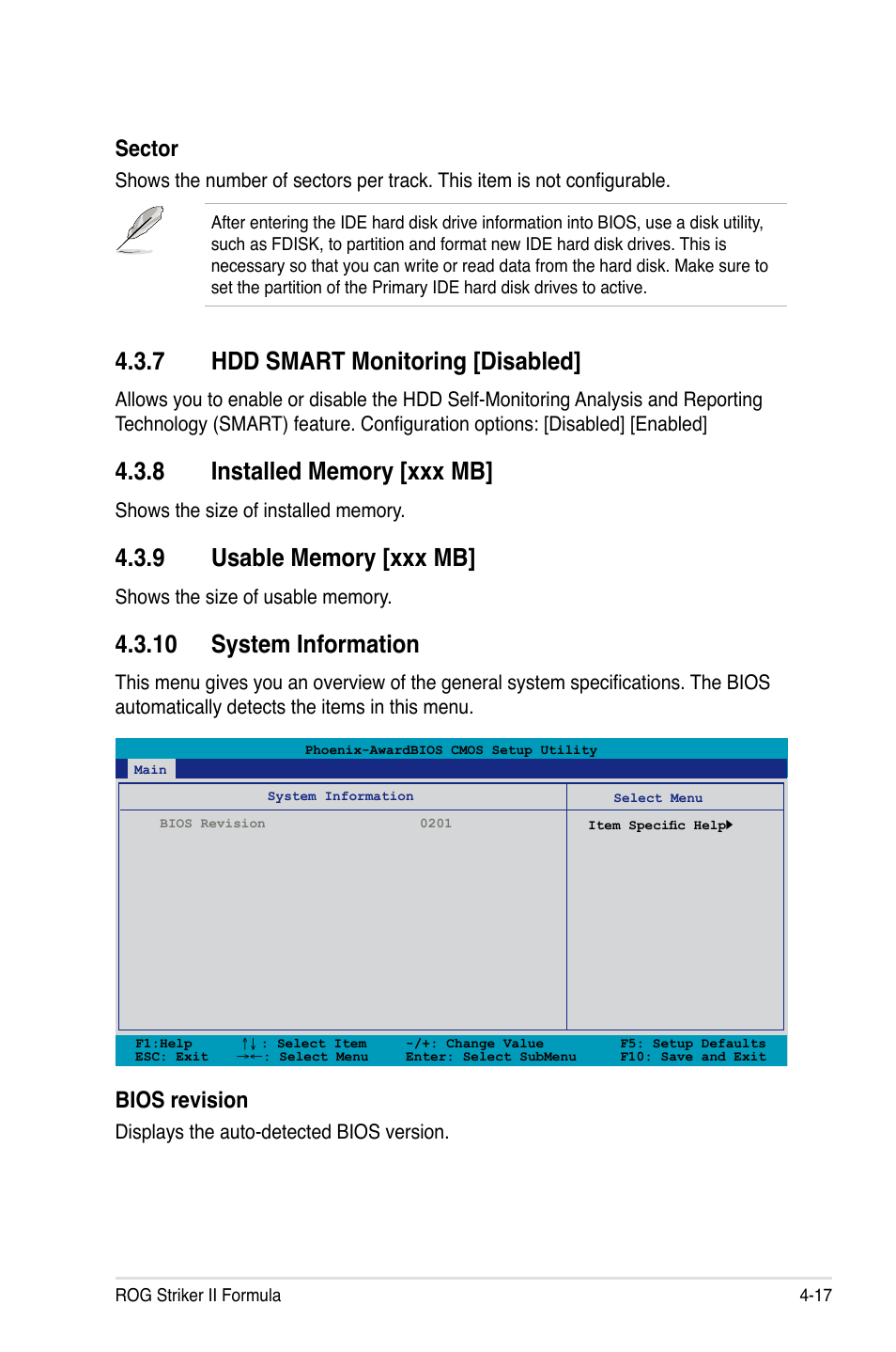 7 hdd smart monitoring [disabled, 8 installed memory [xxx mb, 9 usable memory [xxx mb | 10 system informaiton, Hdd smart monitoring -17, Installed memory -17, Usable memory -17, 10 system information -17, 10 system information, Sector | Asus Striker II Formula User Manual | Page 93 / 188