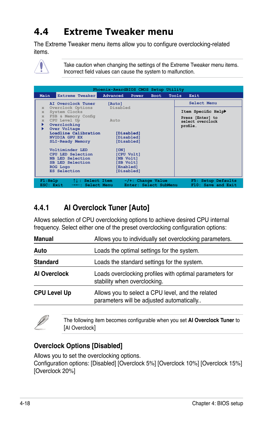 4 extreme tweaker menu, 1 ai overclock tuner [auto, Extreme tweaker menu -18 4.4.1 | Ai overclock tuner -18, Overclock options [disabled | Asus Striker II Formula User Manual | Page 94 / 188