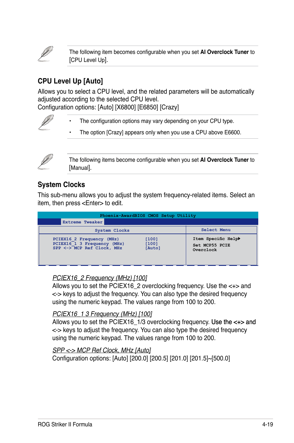 System clocks, Cpu level up [auto | Asus Striker II Formula User Manual | Page 95 / 188