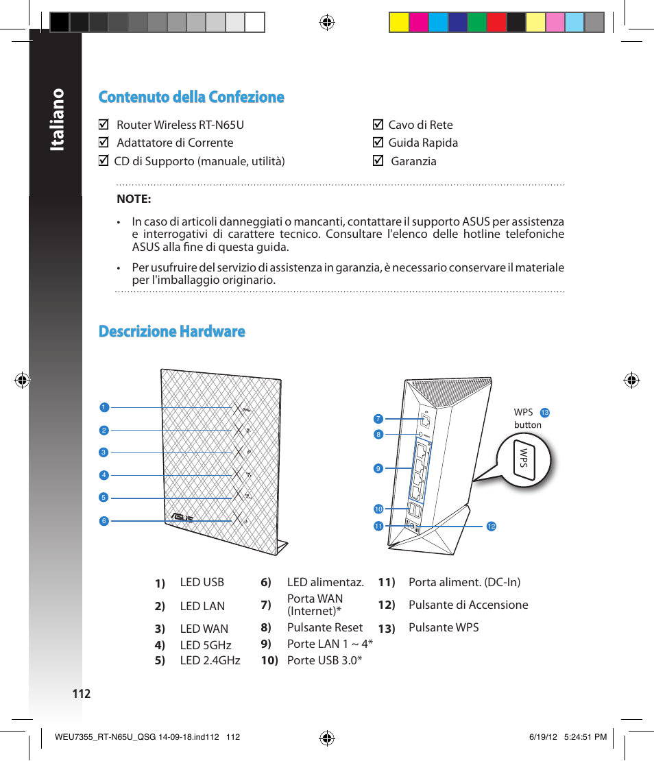 Italiano, Contenuto della confezione, Descrizione hardware | Asus RT-N65U User Manual | Page 112 / 168