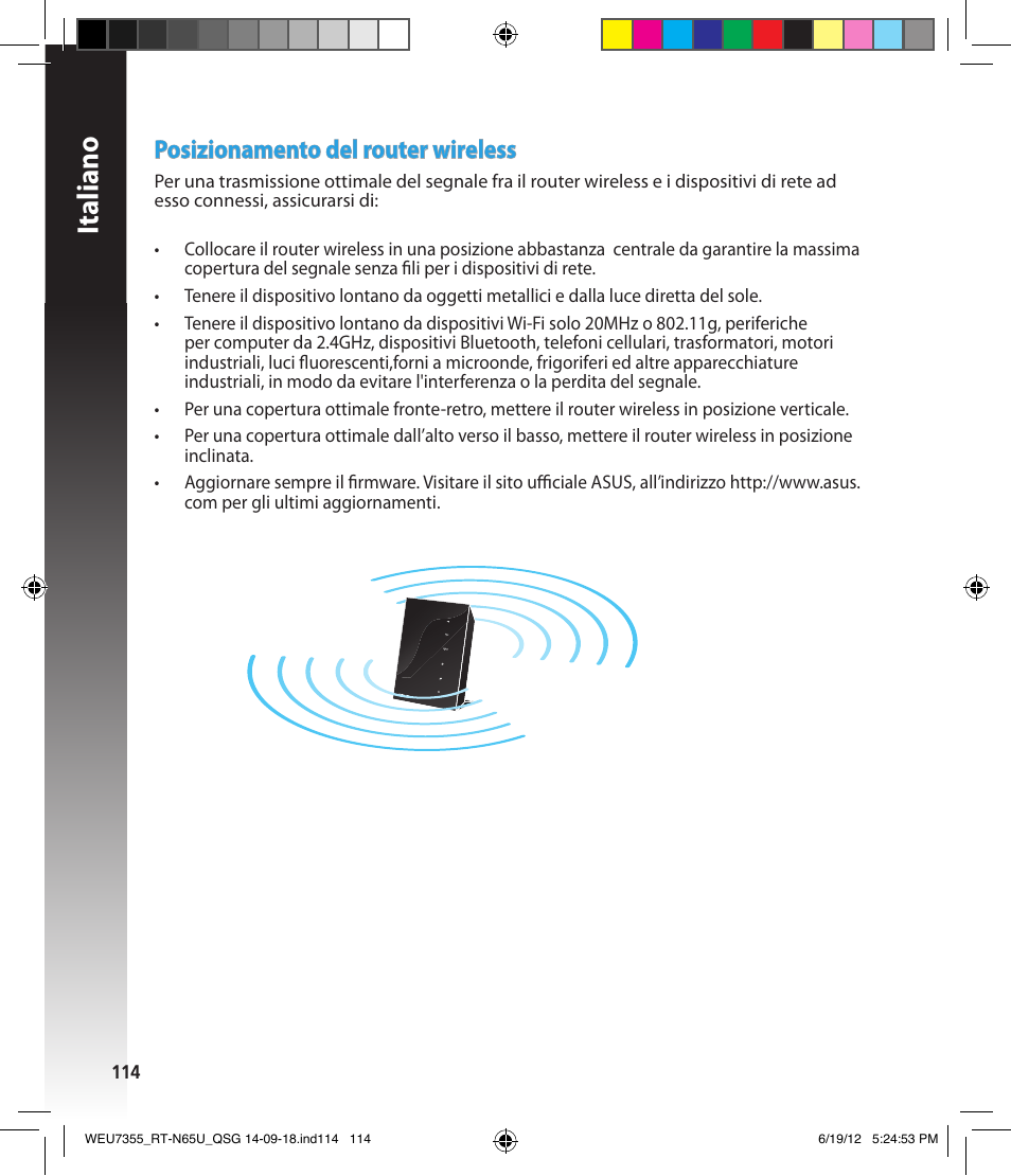 Italiano, Posizionamento del router wireless | Asus RT-N65U User Manual | Page 114 / 168