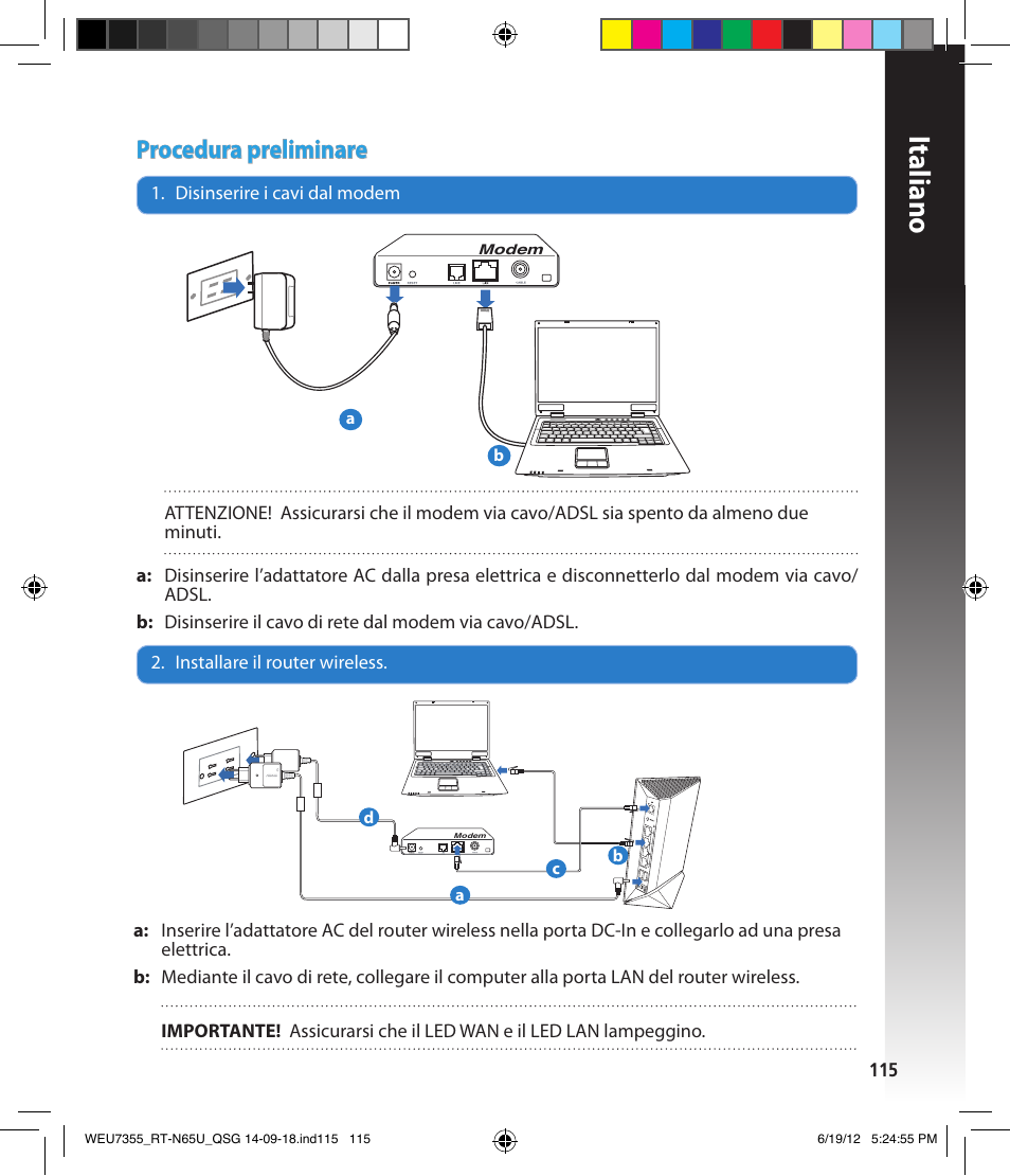 Italiano, Procedura preliminare | Asus RT-N65U User Manual | Page 115 / 168