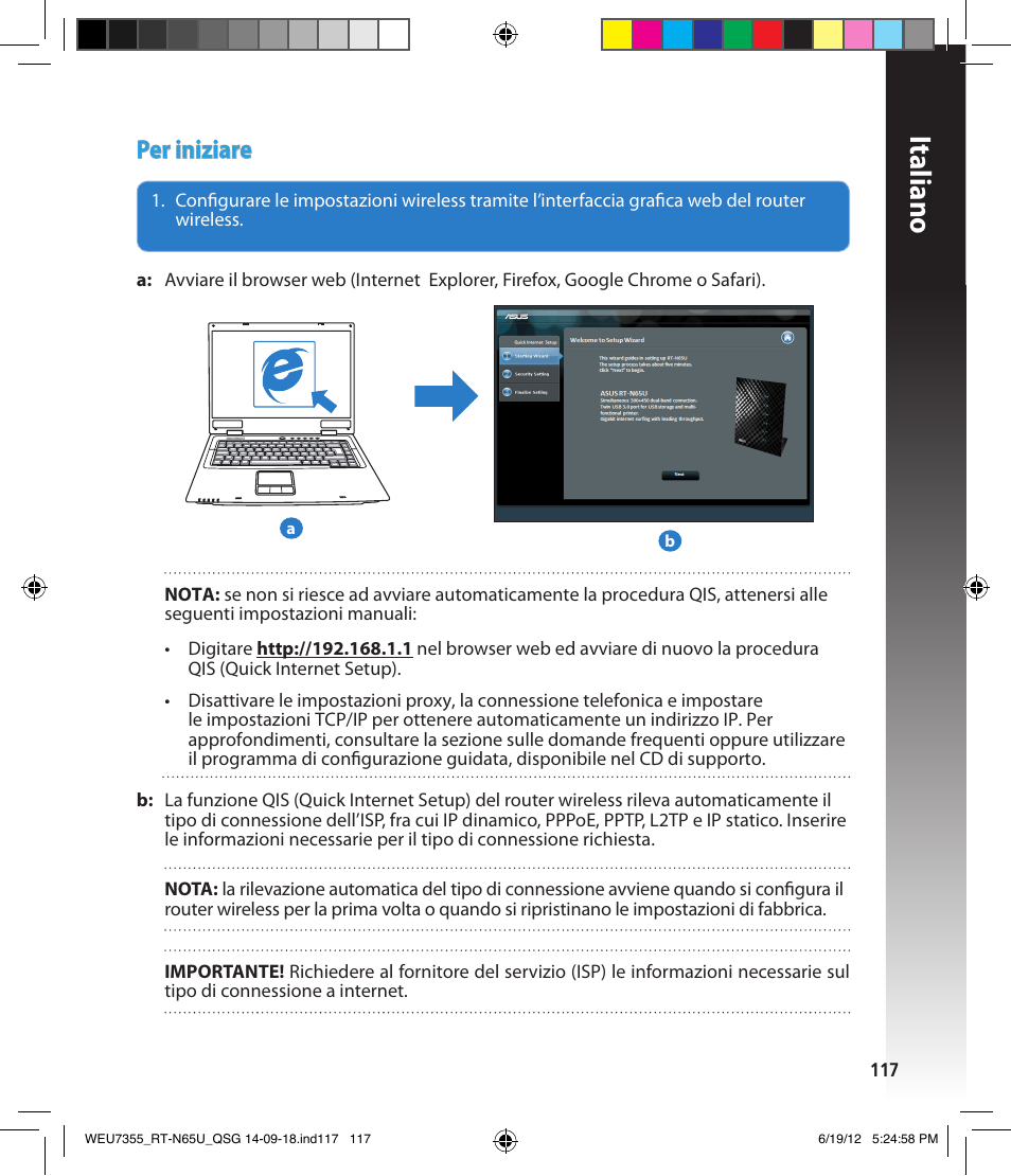 Italiano, Per iniziare | Asus RT-N65U User Manual | Page 117 / 168