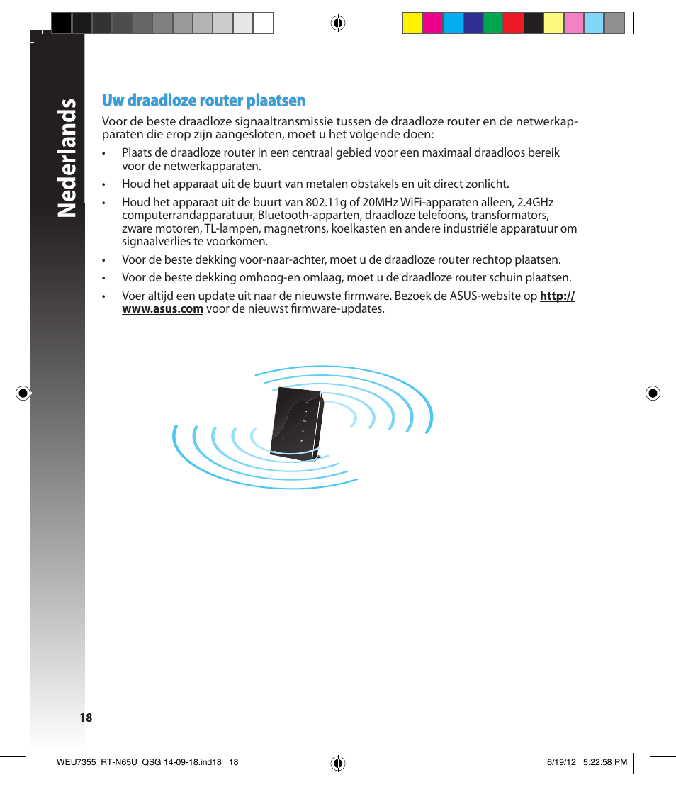Neder lands, Uw draadloze router plaatsen | Asus RT-N65U User Manual | Page 18 / 168