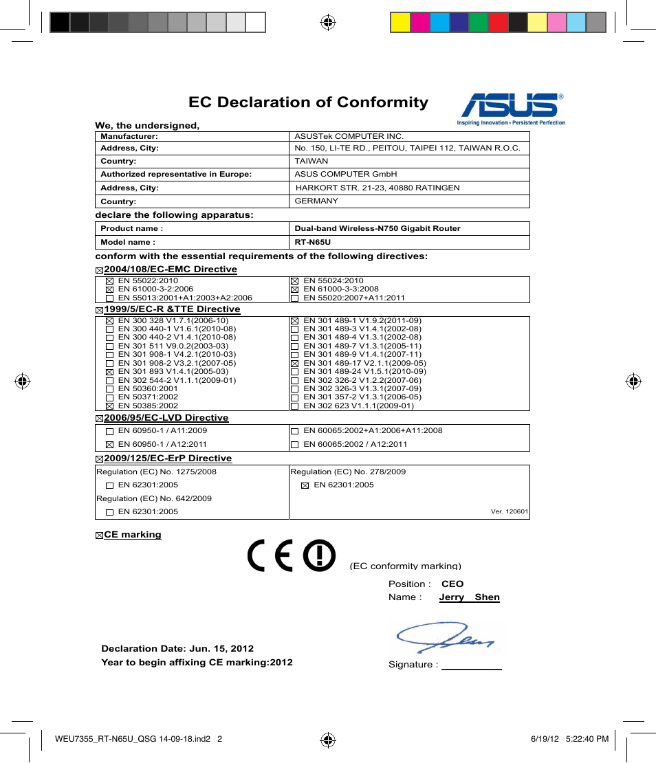 Ec declaration of conformity | Asus RT-N65U User Manual | Page 2 / 168