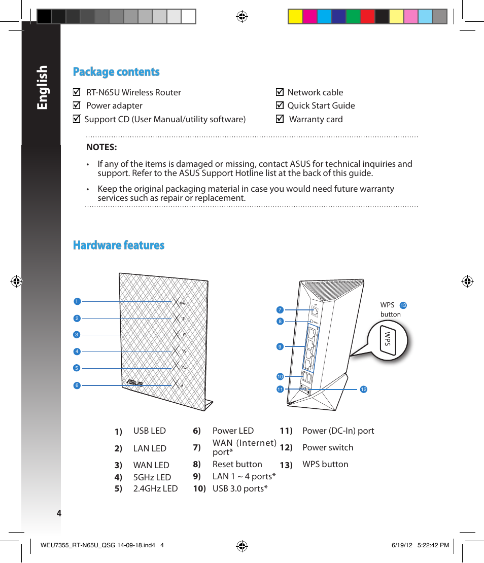 English, Package contents, Hardware features | Asus RT-N65U User Manual | Page 4 / 168