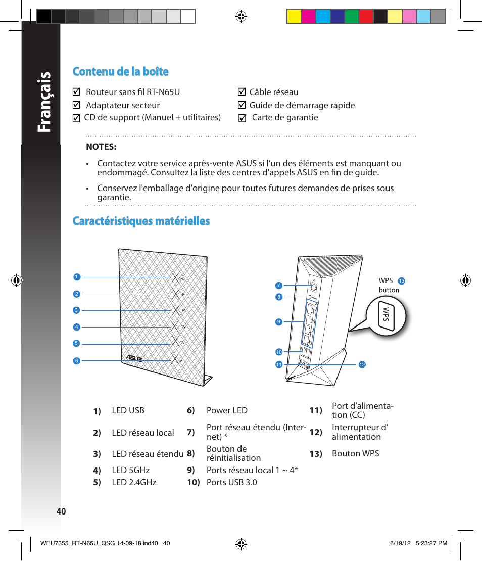 Fr anç ais, Contenu de la boîte, Caractéristiques matérielles | Asus RT-N65U User Manual | Page 40 / 168