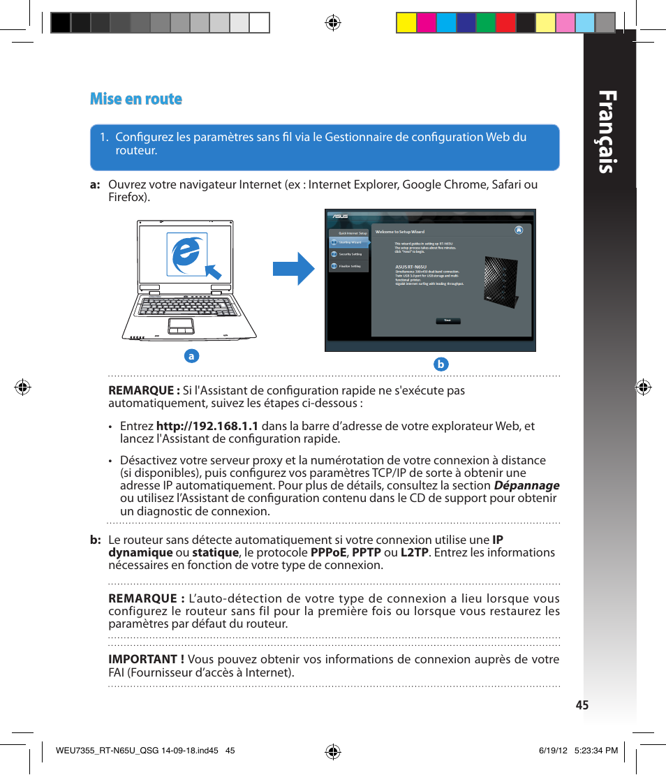 Franç ais, Mise en route | Asus RT-N65U User Manual | Page 45 / 168