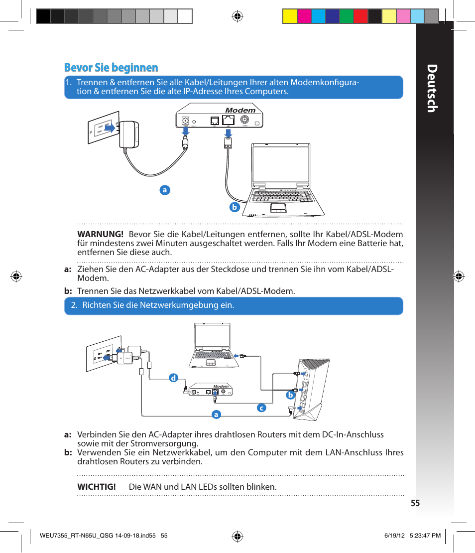 Deutsch, Bevor sie beginnen | Asus RT-N65U User Manual | Page 55 / 168