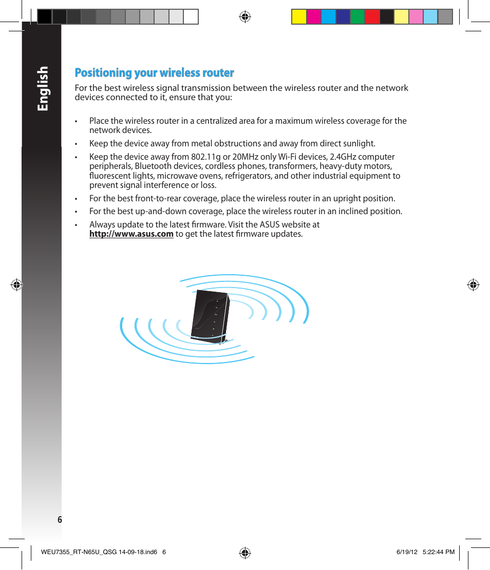 English, Positioning your wireless router | Asus RT-N65U User Manual | Page 6 / 168