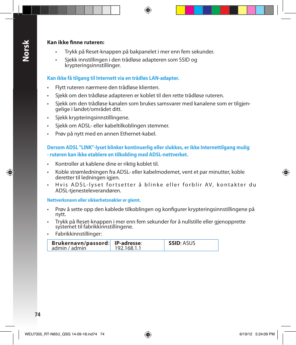 Norsk | Asus RT-N65U User Manual | Page 74 / 168