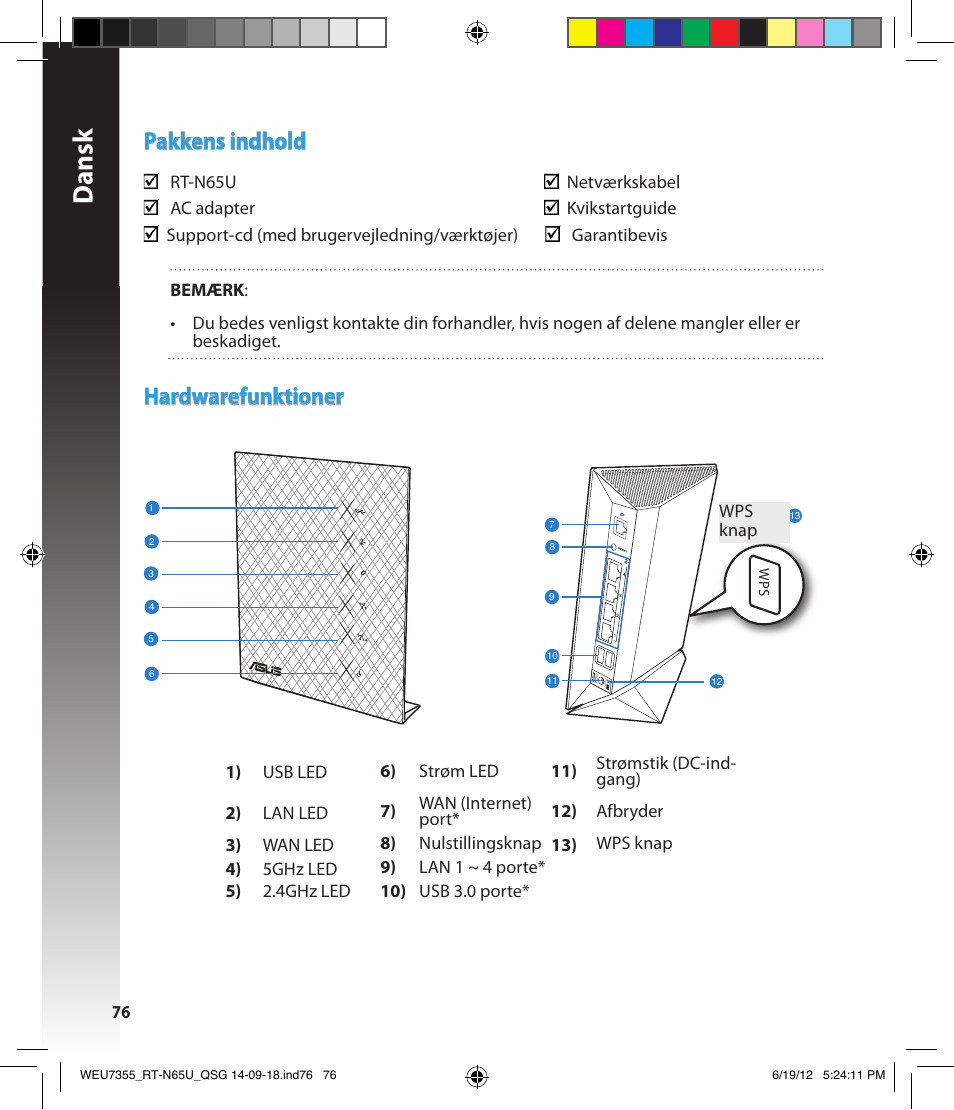 Dansk, Pakkens indhold, Hardwarefunktioner | Asus RT-N65U User Manual | Page 76 / 168