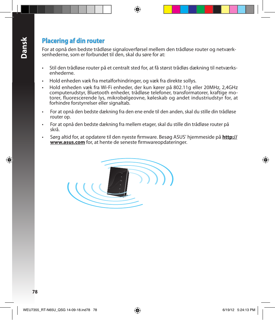 Dansk, Placering af din router | Asus RT-N65U User Manual | Page 78 / 168