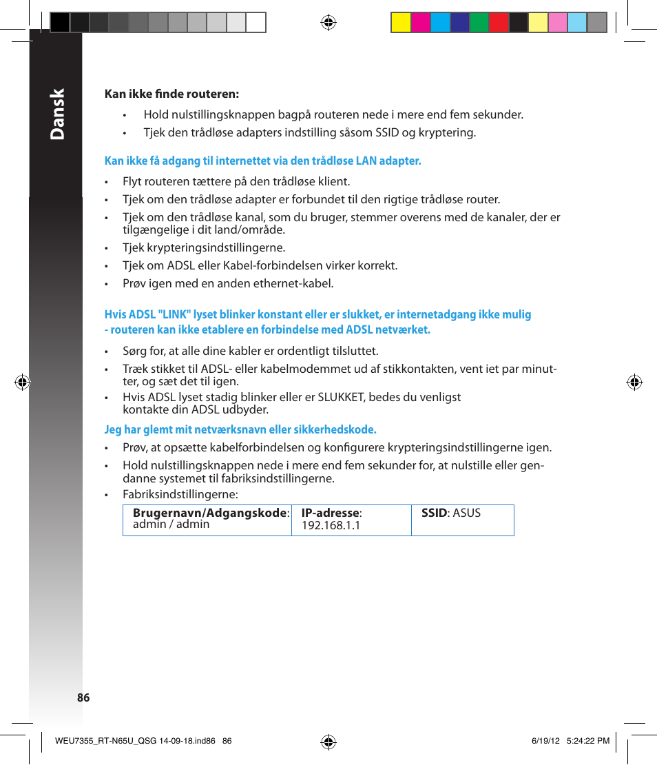 Dansk | Asus RT-N65U User Manual | Page 86 / 168