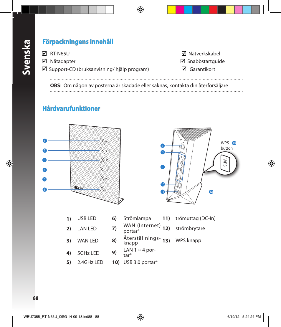 Sv ensk a, Förpackningens innehåll, Hårdvarufunktioner | Asus RT-N65U User Manual | Page 88 / 168