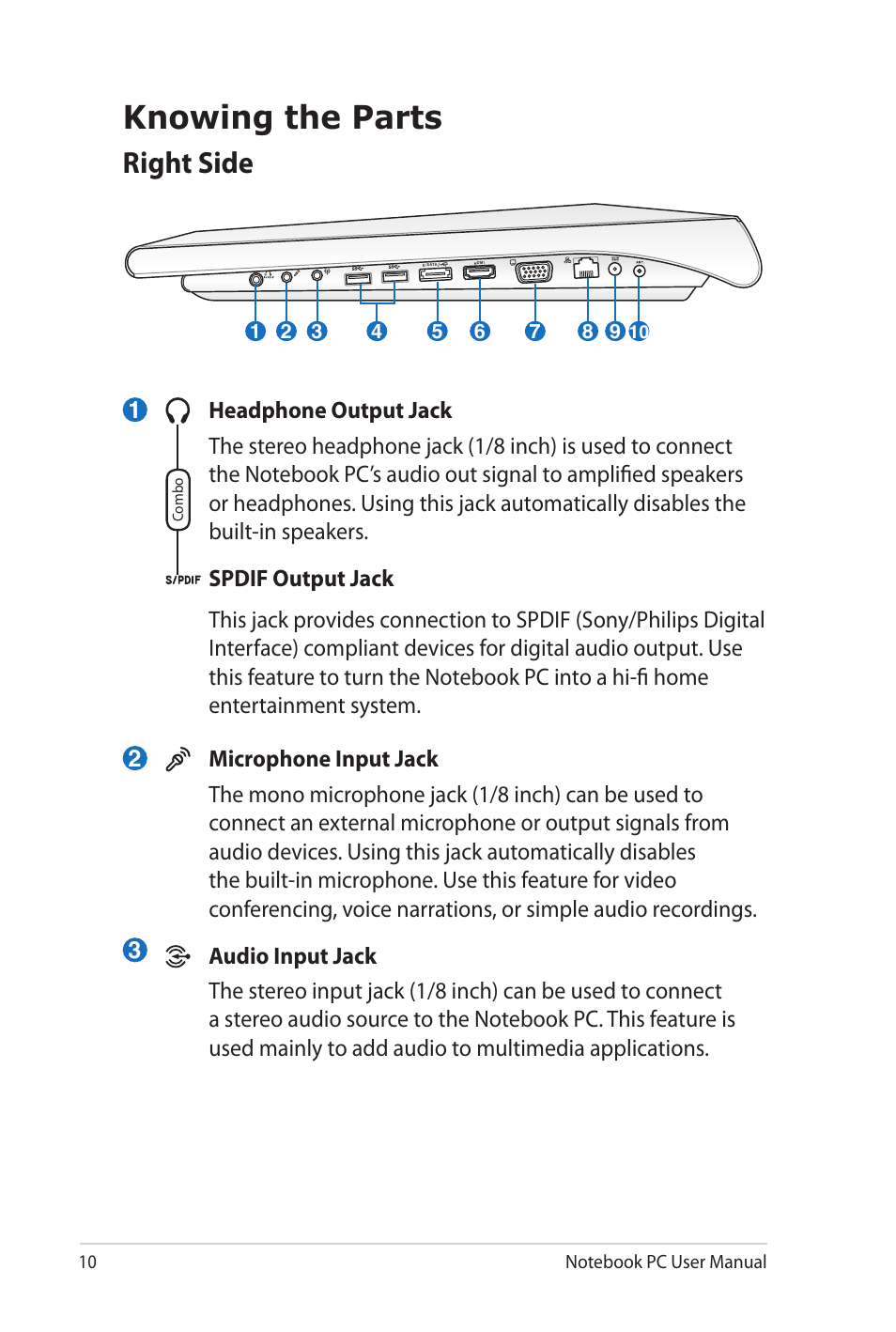 Knowing the parts, Right side | Asus NX90Jq User Manual | Page 10 / 30