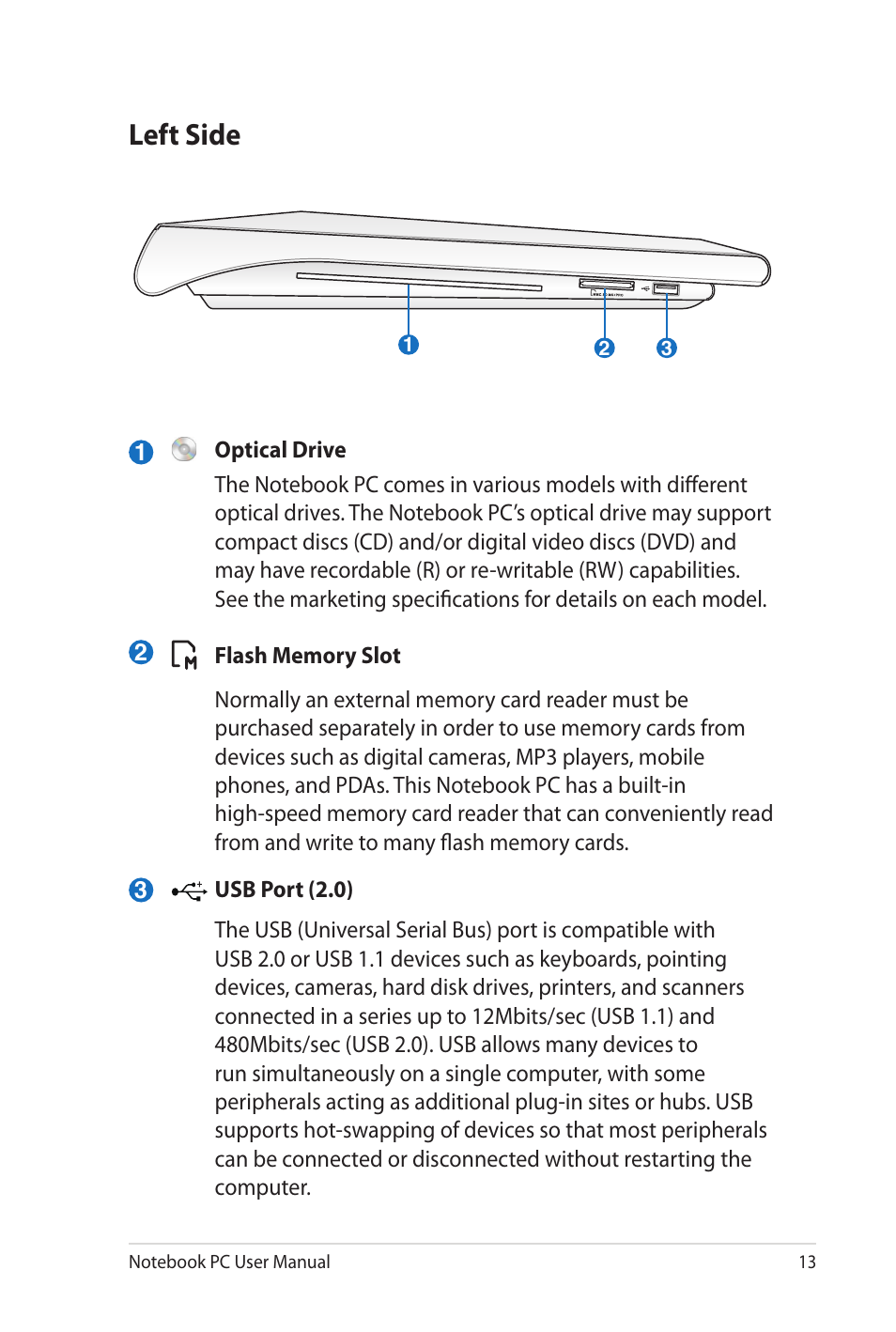 Left side | Asus NX90Jq User Manual | Page 13 / 30