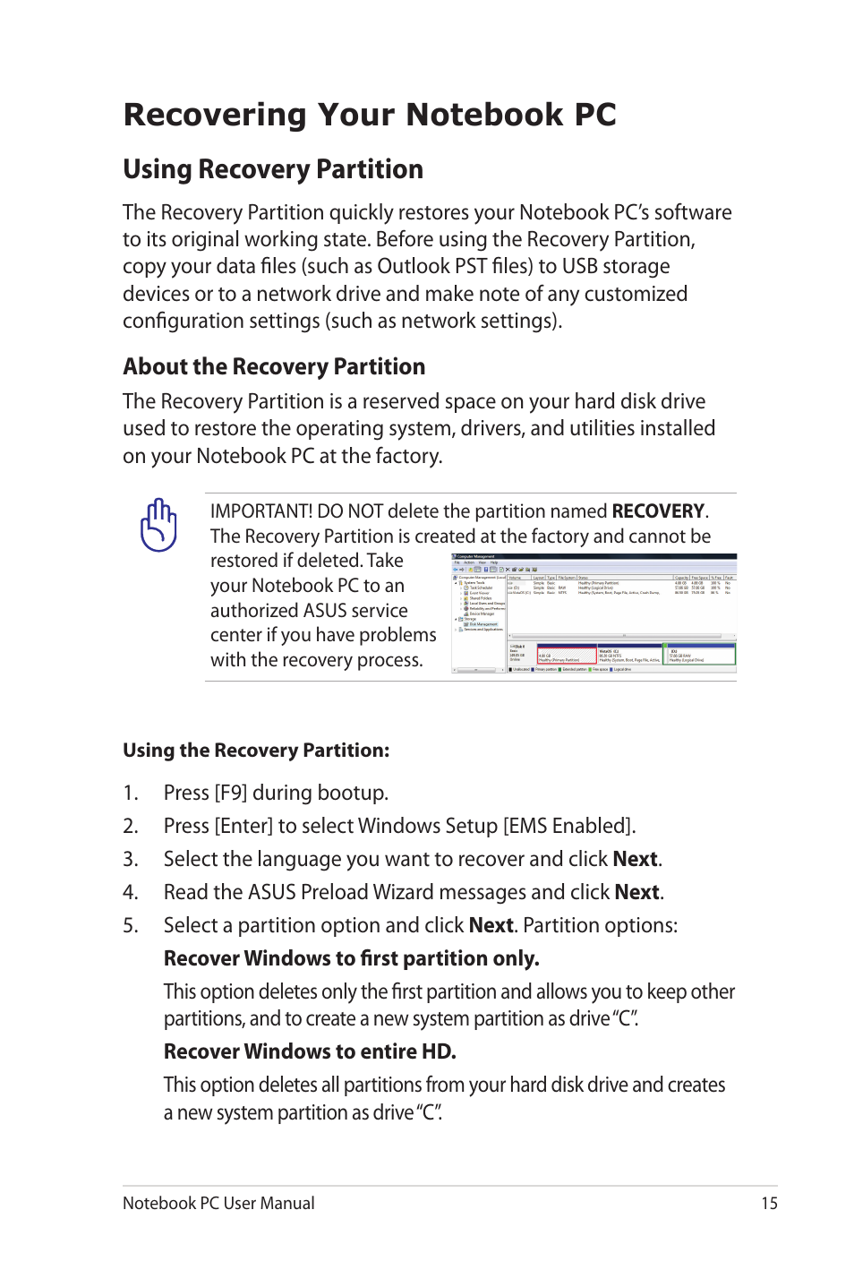 Recovering your notebook pc, Using recovery partition | Asus NX90Jq User Manual | Page 15 / 30