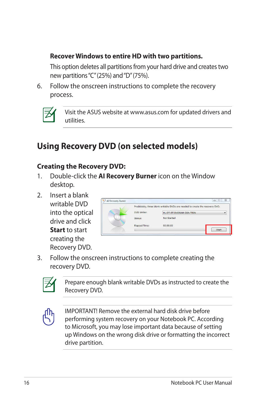 Using recovery dvd (on selected models) | Asus NX90Jq User Manual | Page 16 / 30