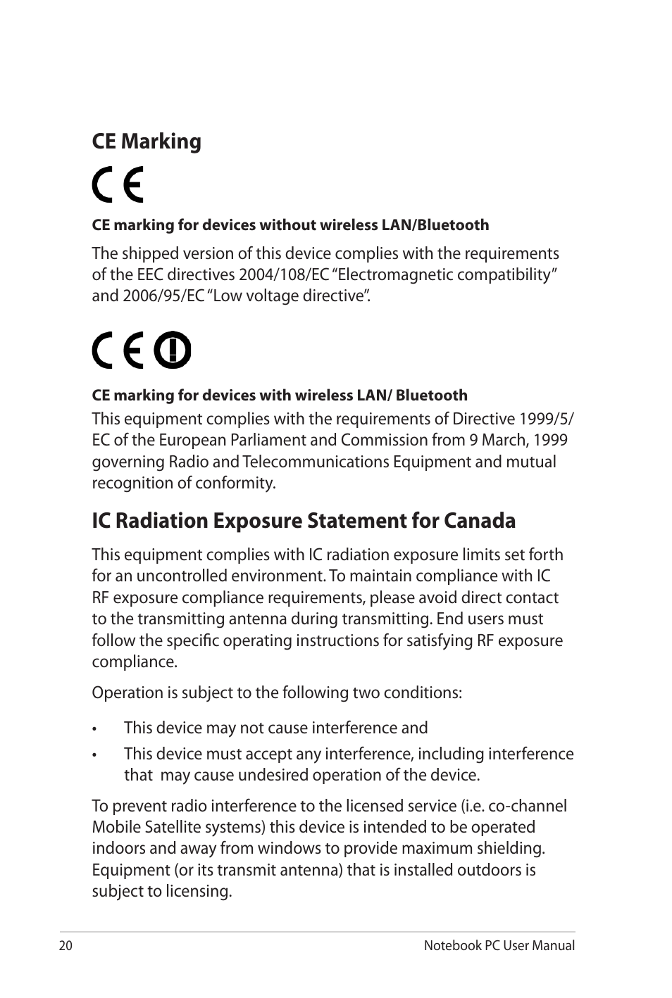 Ce marking, Ic radiation exposure statement for canada | Asus NX90Jq User Manual | Page 20 / 30