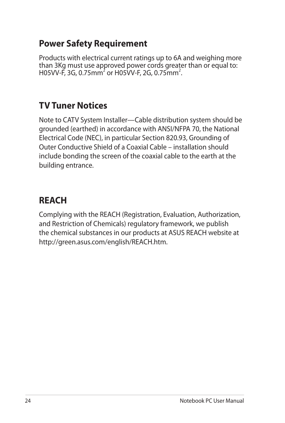 Power safety requirement, Tv tuner notices, Reach | Asus NX90Jq User Manual | Page 24 / 30