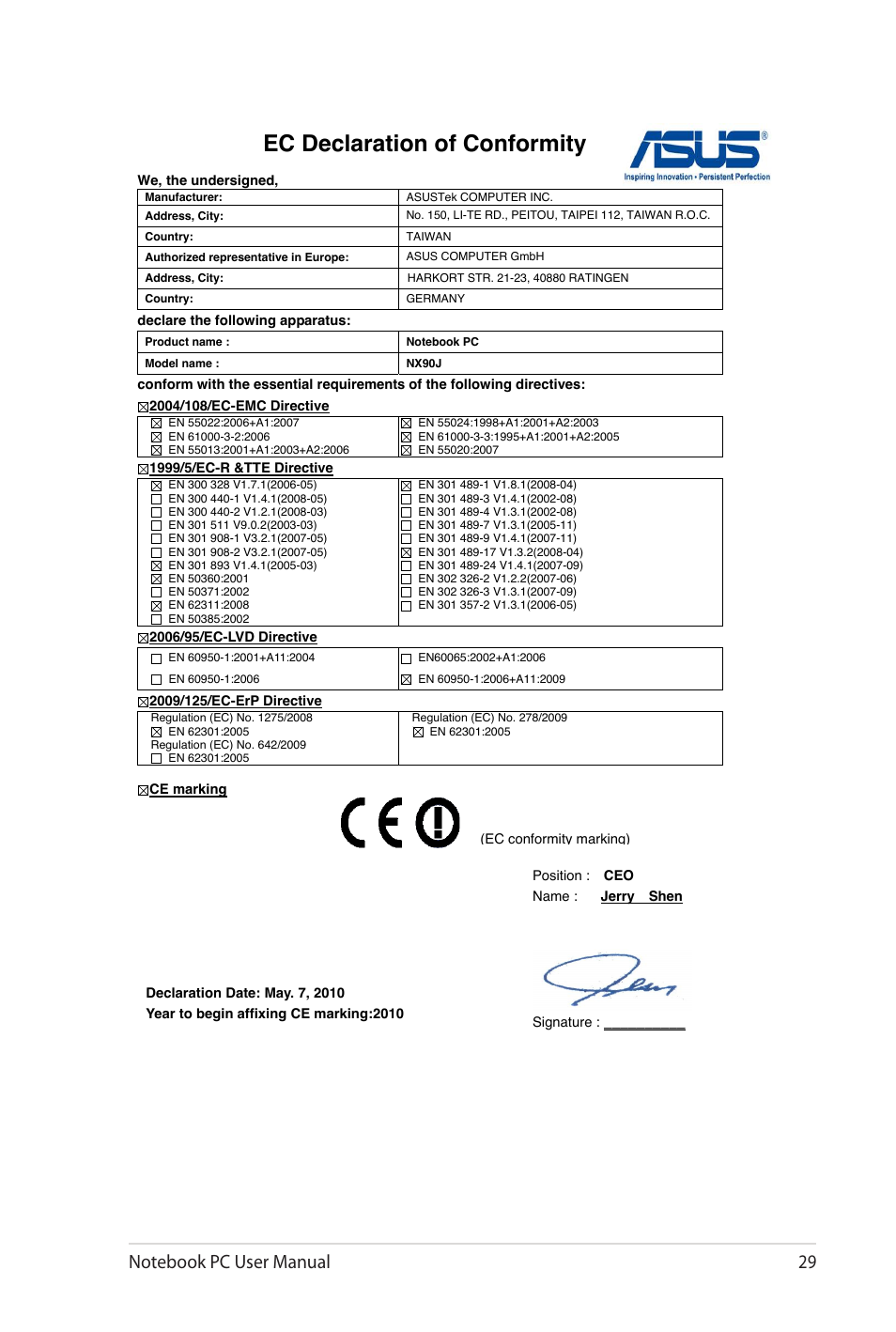 Ec declaration of conformity | Asus NX90Jq User Manual | Page 29 / 30