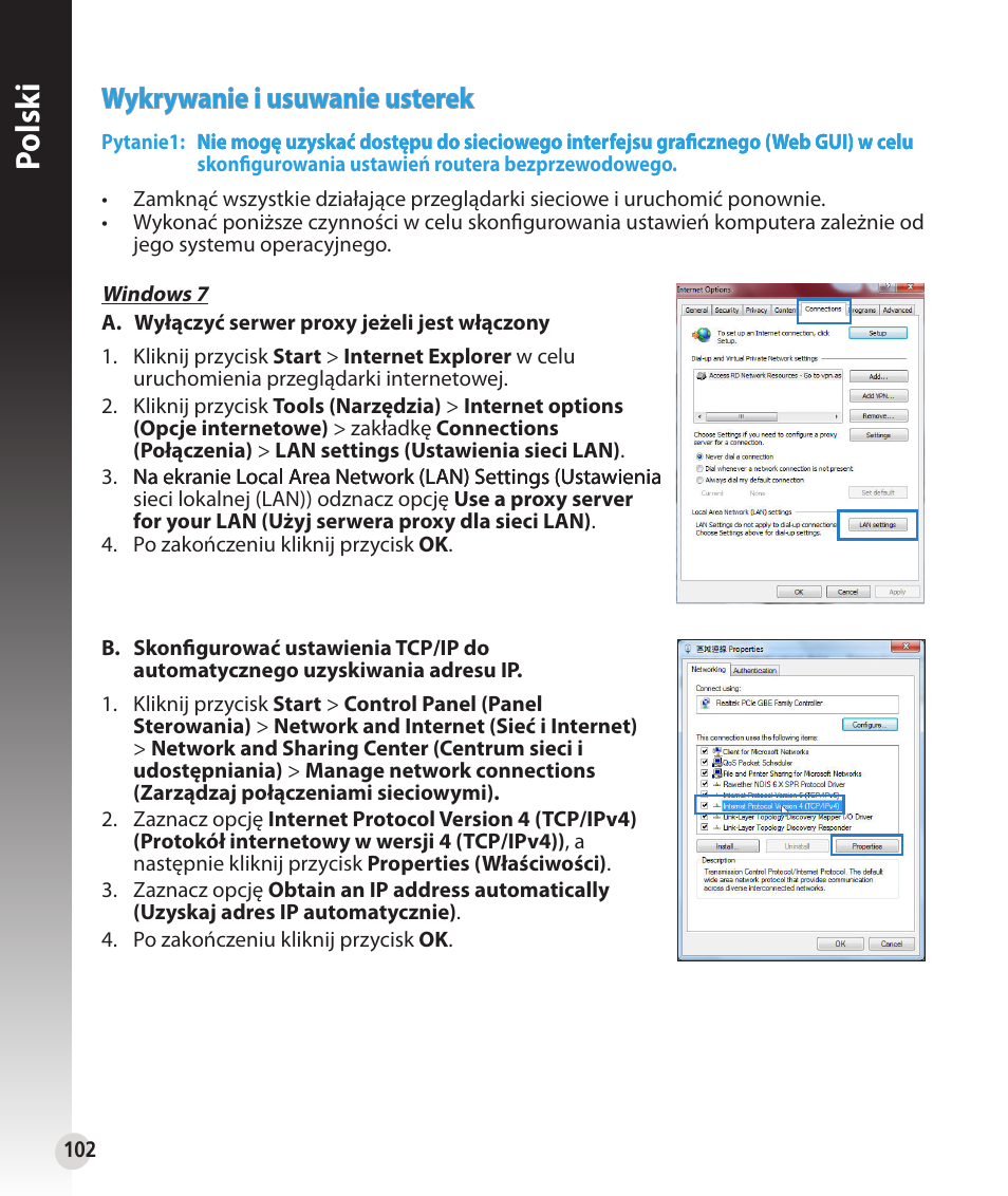 Polsk i, Wykrywanie i usuwanie usterek | Asus RT-N56U User Manual | Page 102 / 152