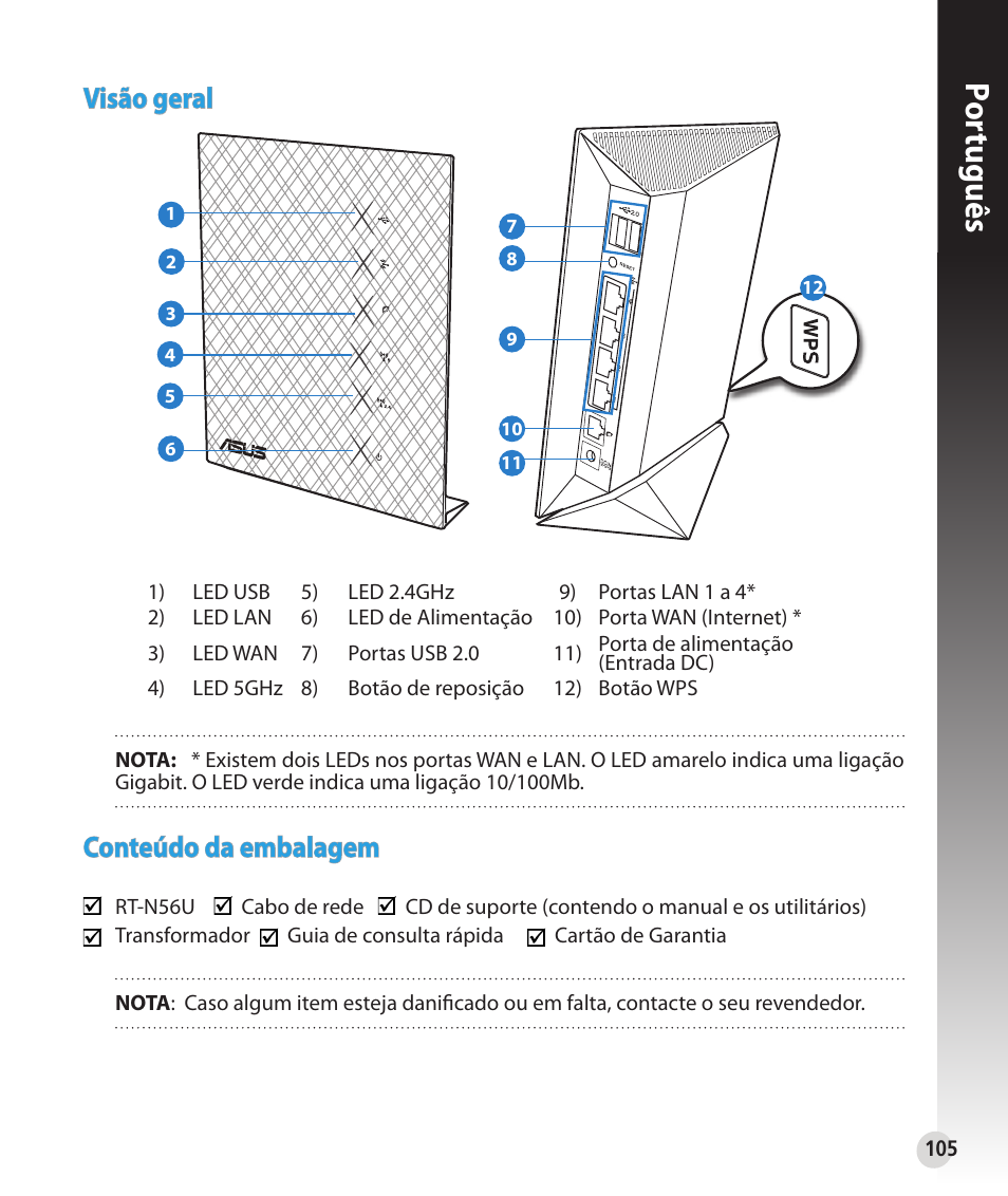 Por tuguês, Visão geral, Conte�do da embalagem | Asus RT-N56U User Manual | Page 105 / 152