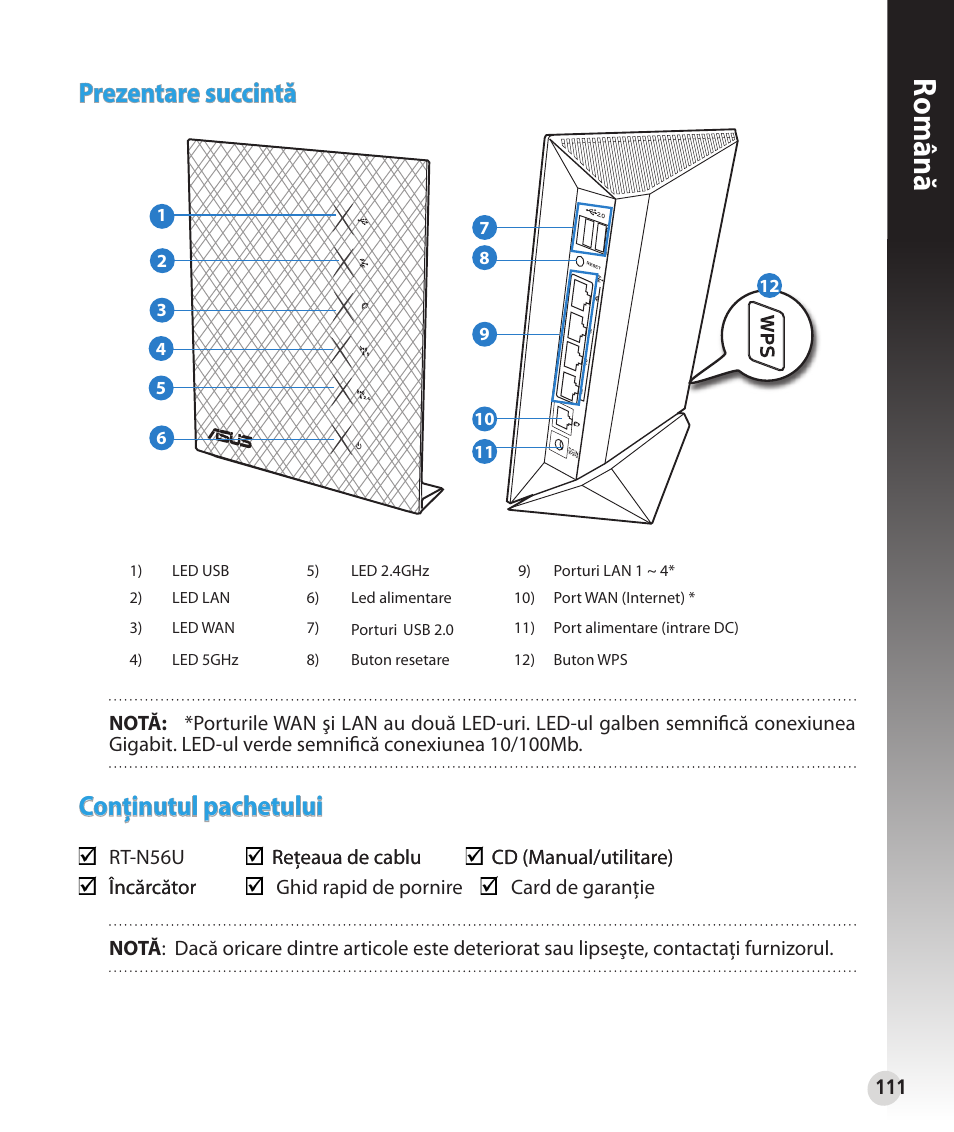 Română, Prezentare succintă, Conţinutul pachetului | Asus RT-N56U User Manual | Page 111 / 152