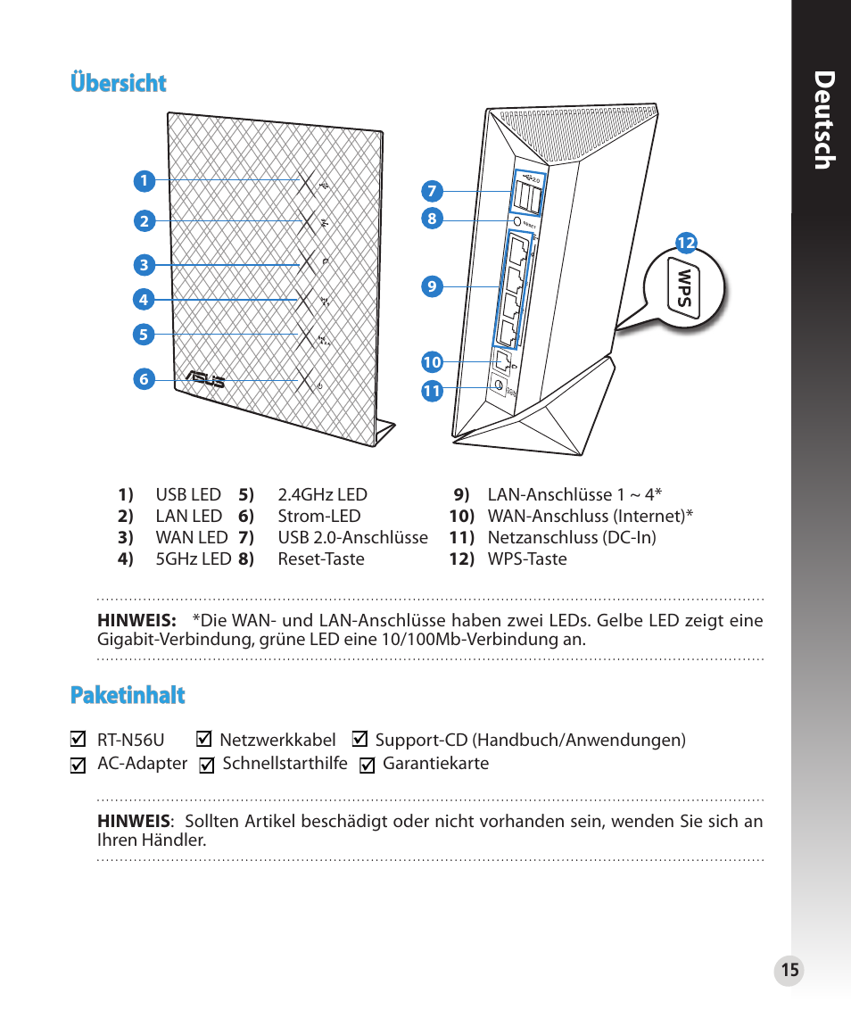 Deutsch, Übersicht, Paketinhalt | Asus RT-N56U User Manual | Page 15 / 152