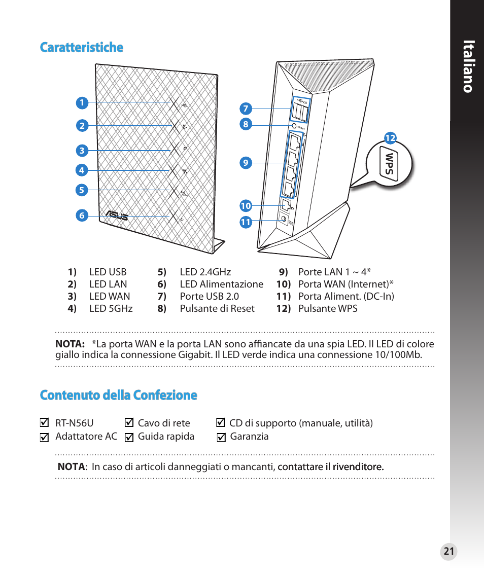 Italiano, Caratteristiche, Contenuto della confezione | Asus RT-N56U User Manual | Page 21 / 152