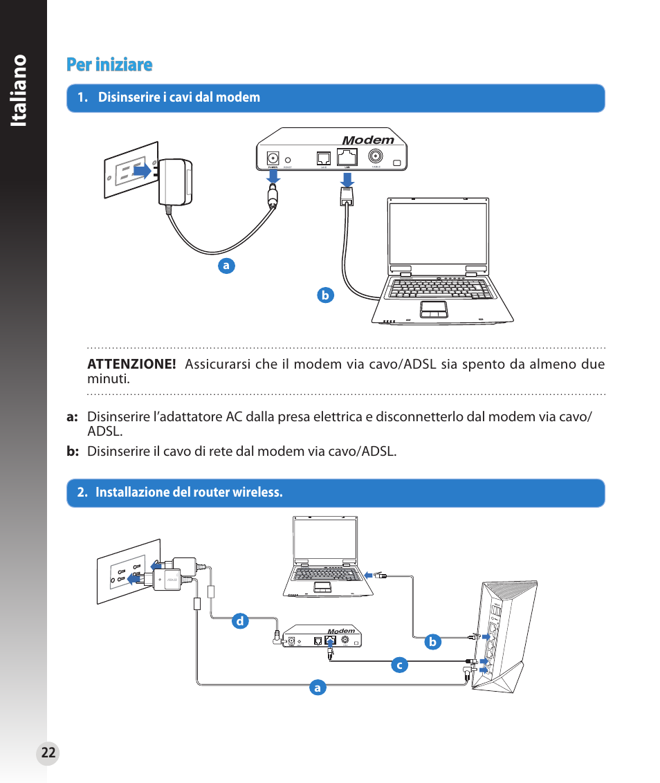 Italiano, Per iniziare | Asus RT-N56U User Manual | Page 22 / 152