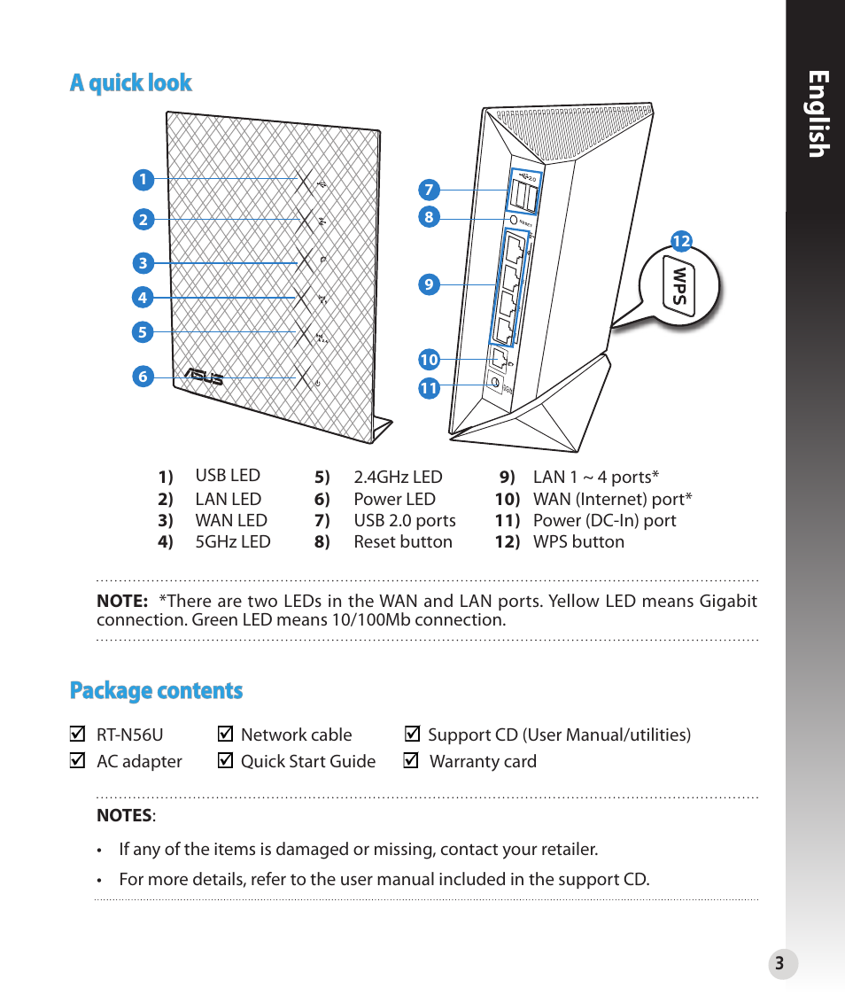 English, A quick look, Package contents | Asus RT-N56U User Manual | Page 3 / 152