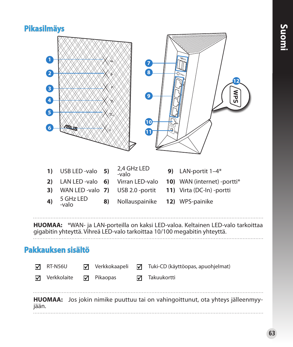 Suomi, Pikasilmäys, Pakkauksen sisältö | Asus RT-N56U User Manual | Page 63 / 152