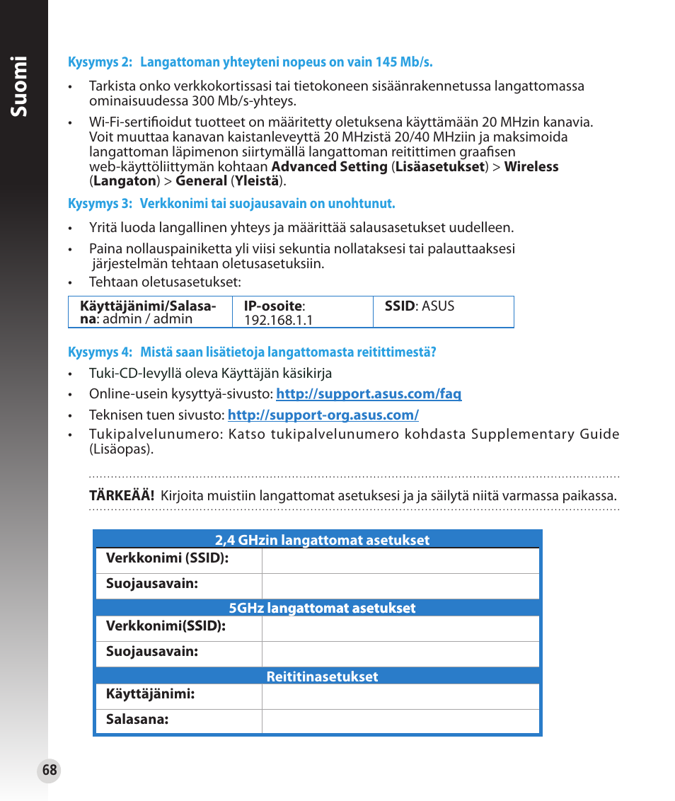 Suomi | Asus RT-N56U User Manual | Page 68 / 152