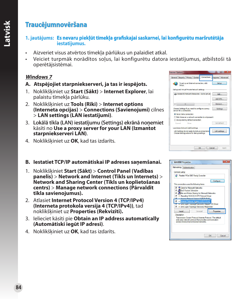 La tvisk, Trauc�jumnov�ršana | Asus RT-N56U User Manual | Page 84 / 152